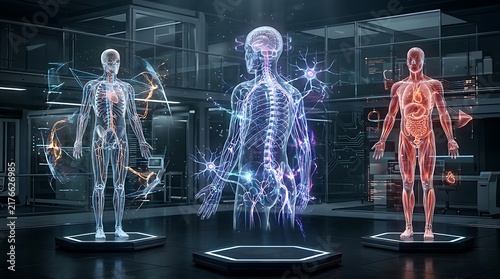 Futuristic medical laboratory with holographic human body scans for advanced healthcare diagnostics and research.