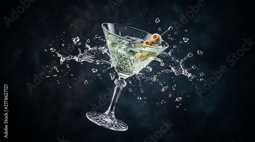 A classic martini cocktail glass with olives splashing water on a dark background.