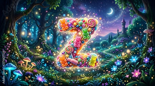Letter Z made of colorful candies in a magical glowing enchanted forest at night.