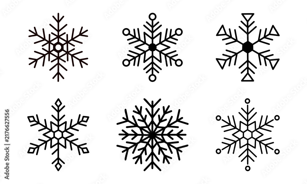 Obraz premium Collection of six unique snowflake icons in black line art style