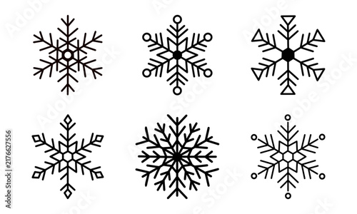 Collection of six unique snowflake icons in black line art style