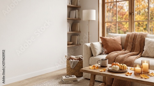 Cozy Autumn Living Room With Knit Blanket, Pumpkins, Candles and Hot Coffee by Window