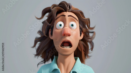 Surprised young man 3D character with messy hair and wide eyes gasping in disbelief