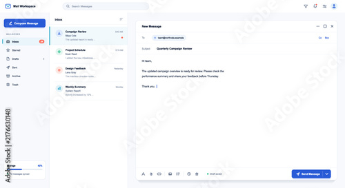 Email workspace interface with sidebar folders, inbox message list and new message compose window with toolbar and send button on light background. Vector dashboard with UI, UX, vector set