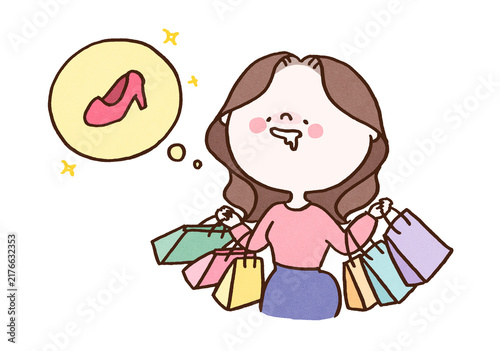 Woman carrying numerous shopping bags while drooling over high heels in her imagination, consumerism or shopping addiction concept