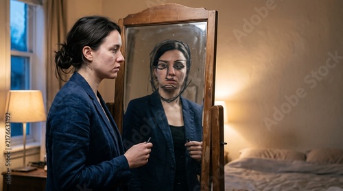 Woman looking at her reflection in a vintage mirror in a bedroom