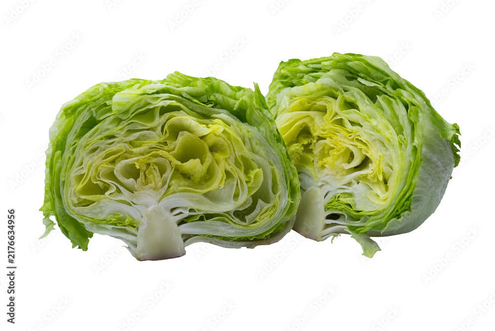 Obraz premium Two Cut Iceberg Lettuce Halves with Layered Leaves.