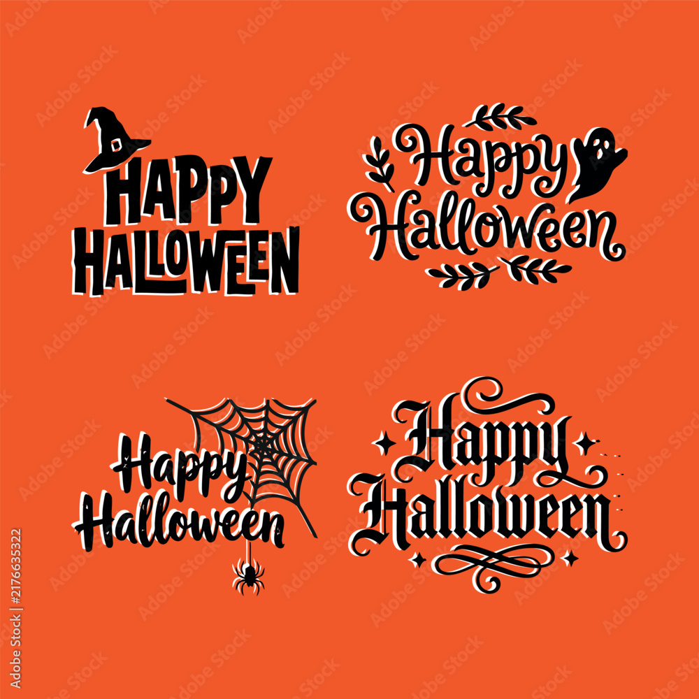 Obraz premium Four cheerful happy halloween typographic designs featuring witch hats spooky spiders and elegant decorative swirls