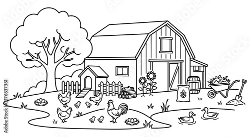 Fotografie Farm coloring page with barn animals and rural landscape.