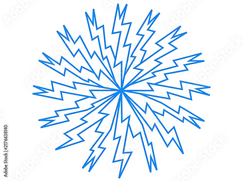 Un'illustrazione vettoriale stilizzata di un fulmine blu a forma di stella o raggiera, con linee a zig-zag che si irradiano dal centro su uno sfondo bianco pulito, ideale per design grafici moderni.