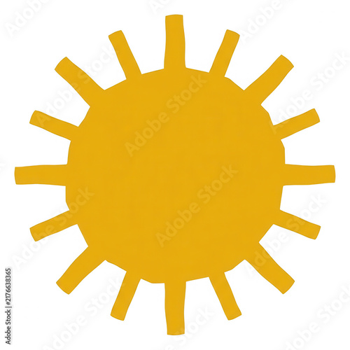 Disegno stilizzato di un sole giallo brillante con raggi dritti e contorni irregolari, isolato su uno sfondo bianco puro, ideale per progetti grafici, icone web o illustrazioni per l'infanzia.