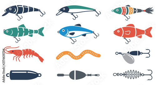 Bild auf Leinwand Fishing lures and bait equipment set for tackle sport.