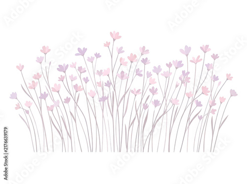 Illustrazione vettoriale di un prato di fiori selvatici delicati in tonalità pastello rosa e lilla su sfondo bianco, ideale per decorazioni eleganti, inviti di nozze o design grafico primaverile.