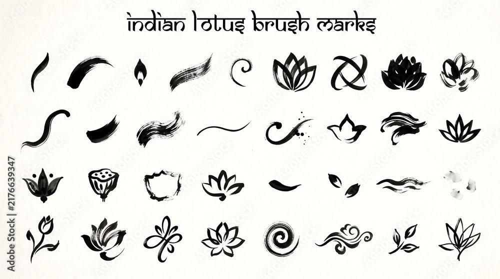 Obraz premium Indian Lotus Brush Strokes and Floral Elements in Monochrome