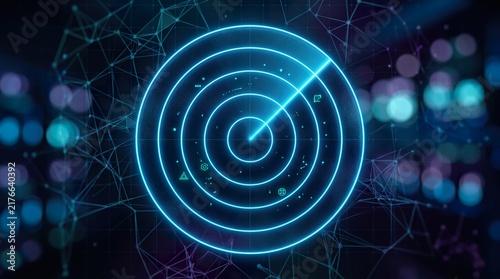 Plakat w ramie Modern Abstract Radar Scope Circle Rings Displaying Digital Target Data Scanning and High Tech Cyber Interface Technology Background