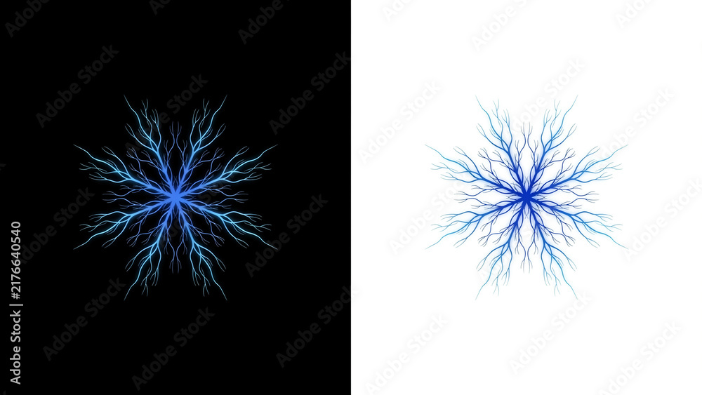 Fototapeta premium Radiant blue electric lightning starburst discharge isolated on white and black backgrounds