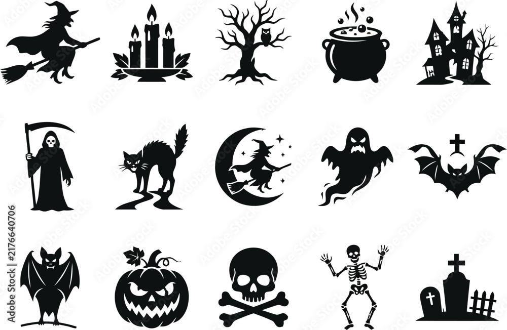 Fototapeta premium Halloween Silhouette Icons Set Vector Spooky Holiday Symbols Collection