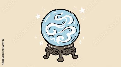 Mystical magic crystal ball vector illustration with swirling smoke and stars on ornate stand