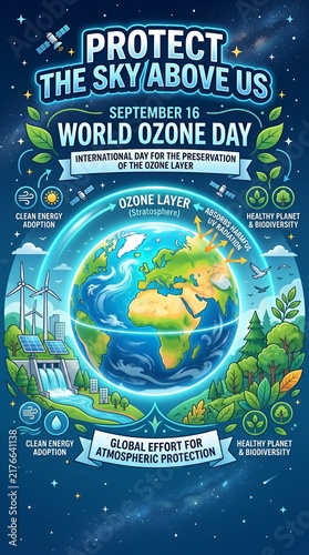 World Ozone Day poster featuring Earth and atmosphere protection.