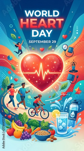 World Heart Day poster with people exercising and healthy food
