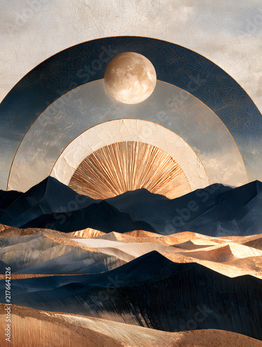 Serene mixed media abstract architectural landscape artwork with plaster arches and earth tones