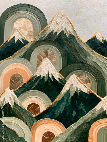 Serene mixed media abstract architectural landscape artwork with plaster arches and earth tones