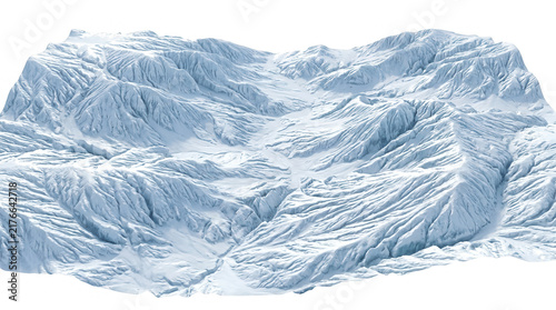 Representación tridimensional de un terreno montañoso nevado con valles profundos y crestas afiladas, renderizado digital de alta precisión sobre un fondo blanco puro, ideal para mapas topográficos.
