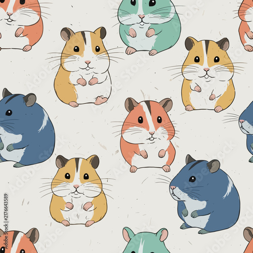 Bild auf Leinwand Seamless pattern featuring cute hand-drawn illustrated hamsters in orange, blue, and teal colors arranged on a textured light beige background, ideal for fabric and wallpaper designs