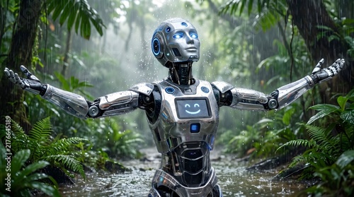 A modern robot is happily getting wet in the rain