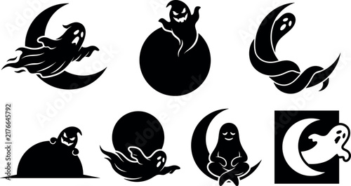 фотографія Halloween spooky ghosts and crescent moon logo templates set with black silhouette scary spirits flying around full moon night background