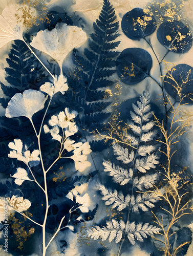 Mixed media botanical cyanotype collage artwork with Prussian blue sunprint pressed fern and gold leaf veins