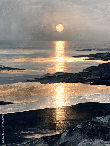 Striking mixed media abstract landscape artwork with layered textured paper and metallic gold leaf accents