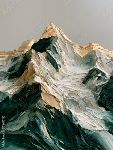 Striking mixed media abstract landscape artwork with layered textured paper and metallic gold leaf accents