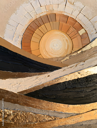 Striking mixed media abstract landscape artwork with layered textured paper and metallic gold leaf accents