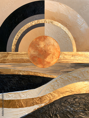 Striking mixed media abstract landscape artwork with layered textured paper and metallic gold leaf accents