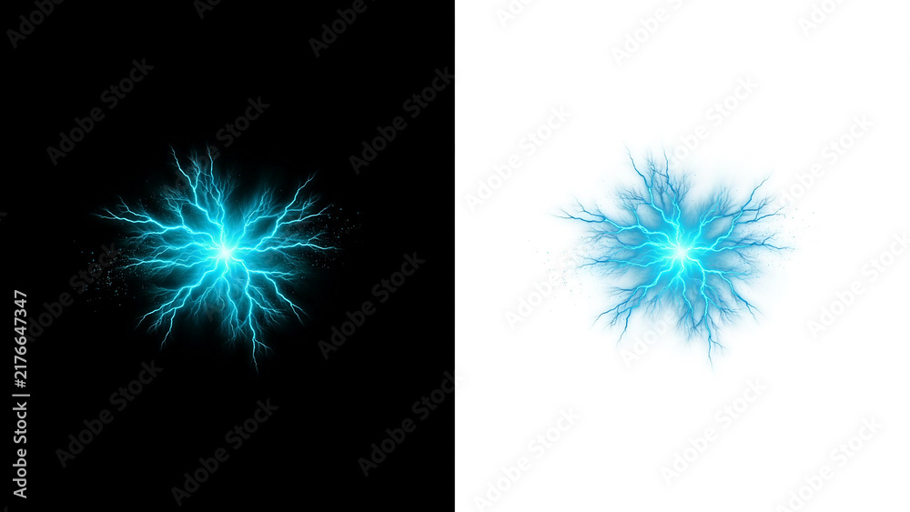 Fototapeta premium Star-shaped blue electric lightning bolt discharge isolated on black and white backgrounds