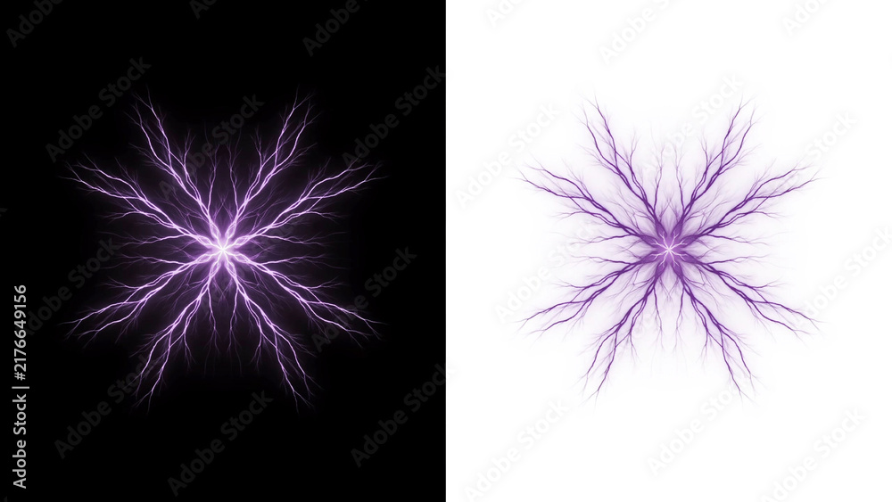 Fototapeta premium Symmetrical purple lightning starburst effect isolated on white and black backgrounds