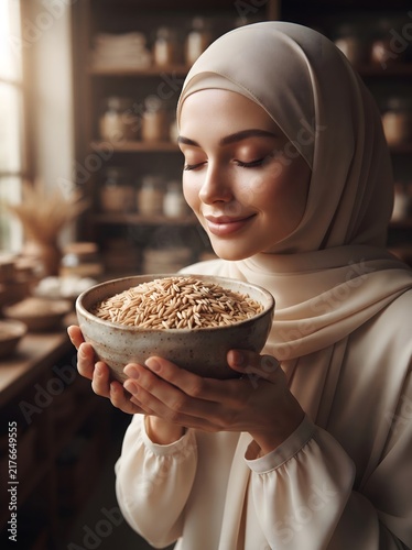 Young woman in hijab holding bowl of raw grains inside warm lit traditional wooden kitchen.