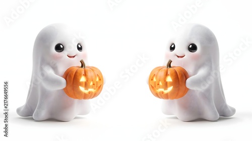 Two cute ghosts holding glowing pumpkins on white background for Halloween celebration.