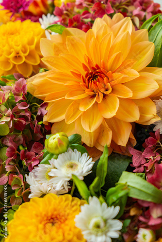 Autumn garden colorful flowers. Beautiful autumnal bouquet dahlia chrysanthemum. Red pink orange fall color fall floral background. Flower shop and florist design concept idea