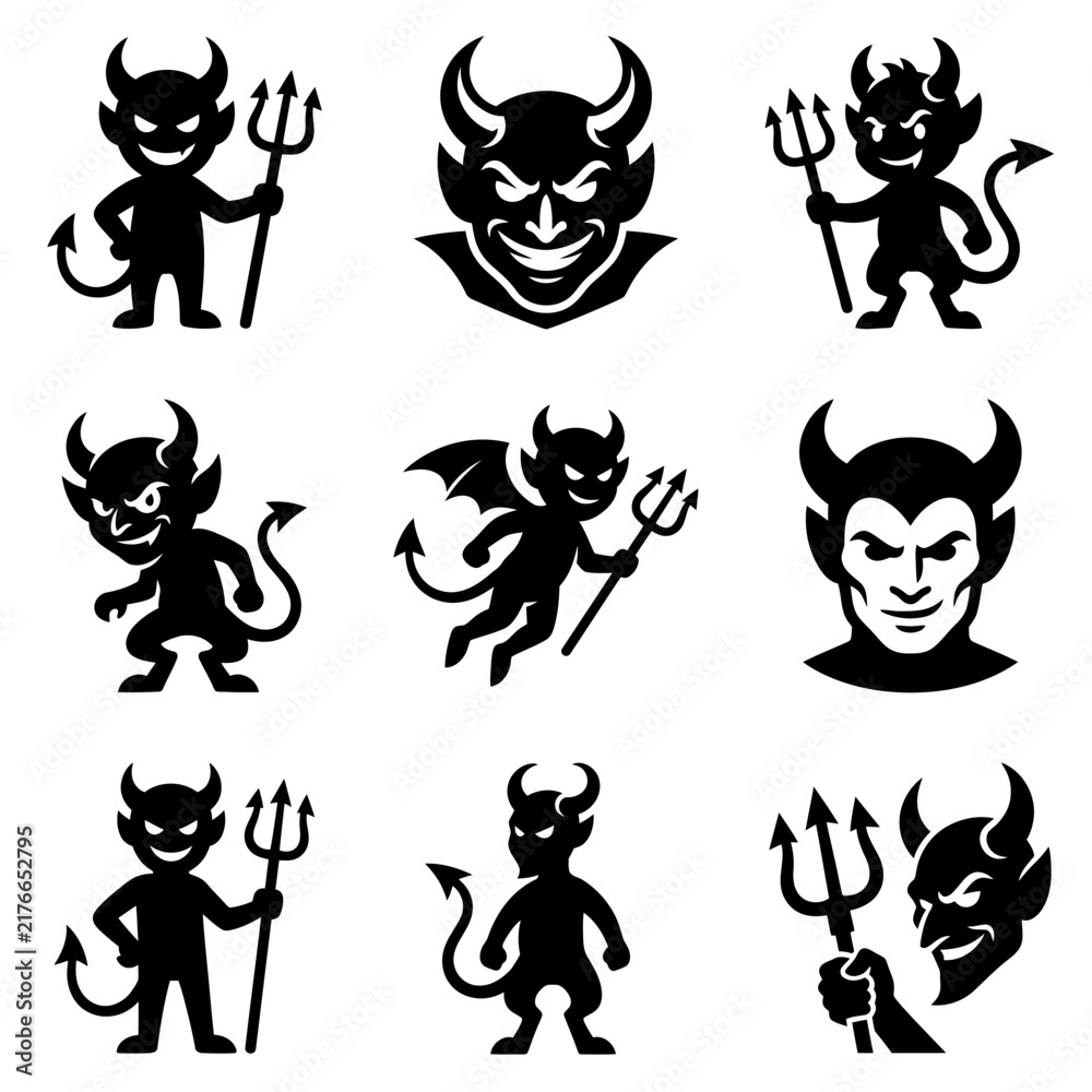 Obraz premium Devil demon silhouettes collection with horns and tridents