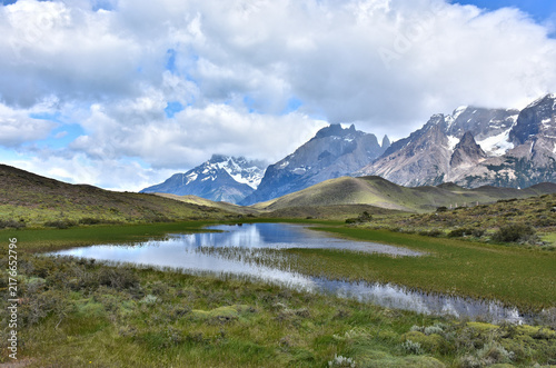 Panoramic view of a pond (laguna) in the Torres Del Paine National Park. Patagonia. Chile.