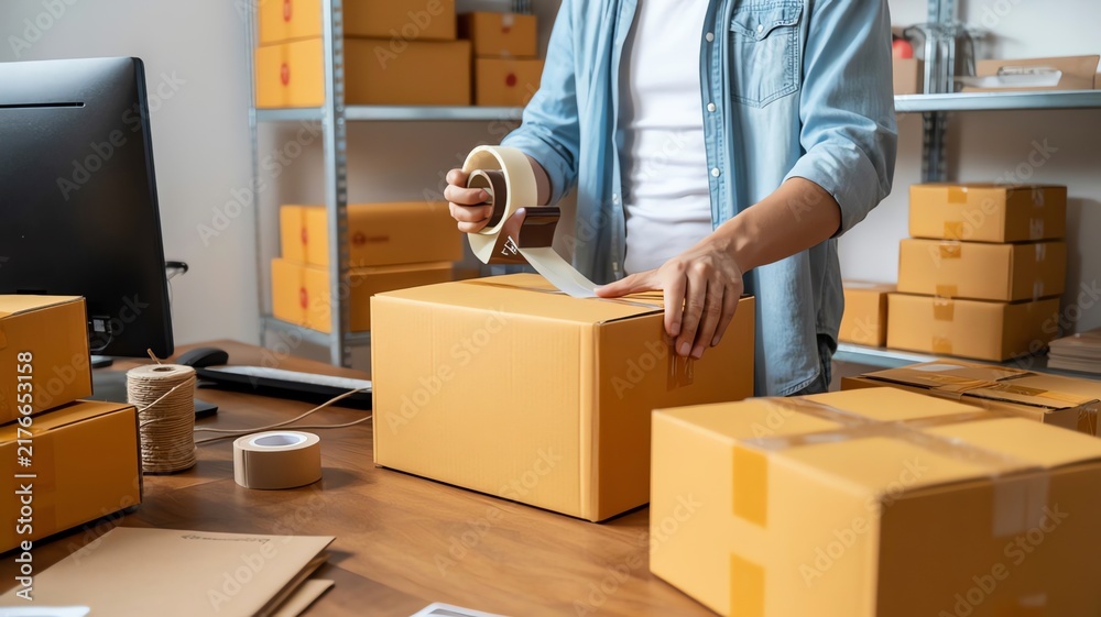 Fototapeta premium Person sealing cardboard box with tape dispenser for online retail shop shipping and delivery fulfillment