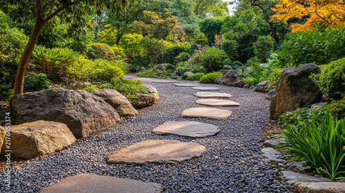 Stone stepping Walkway among lawn in a Japanese style garden