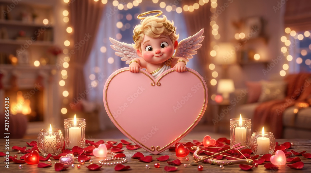 Naklejka premium Cute 3D Cupid Holding a Pink Heart