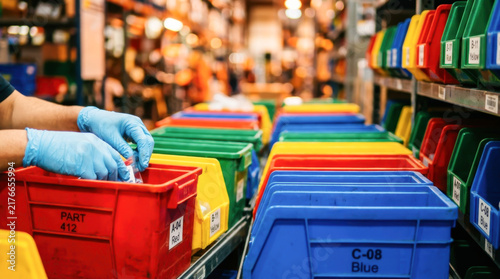 Worker Handling Colorful Plastic Crates in Warehouse