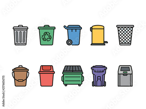 Trash Can and Recycling Bin Color Vector Icon Set