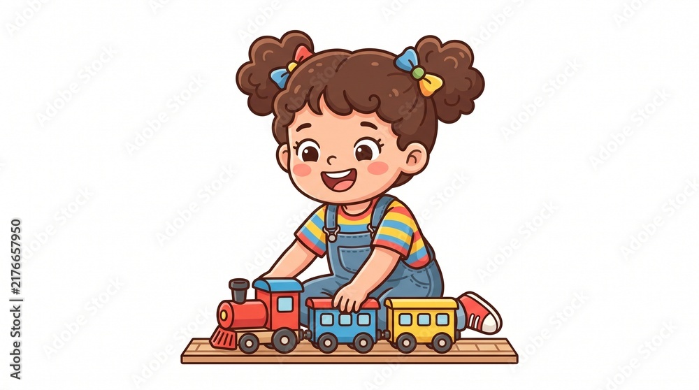 Fototapeta premium A happy cartoon girl with pigtails playing with a colorful toy train on a wooden track and smiling.