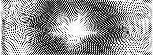 dynamic monochrome halftone pattern features black dots varying in size to create a distorted, wavy, three-dimensional mesh effect