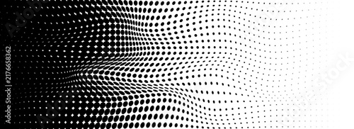 dynamic monochrome halftone pattern features black dots varying in size to create a distorted, wavy, three-dimensional mesh effect